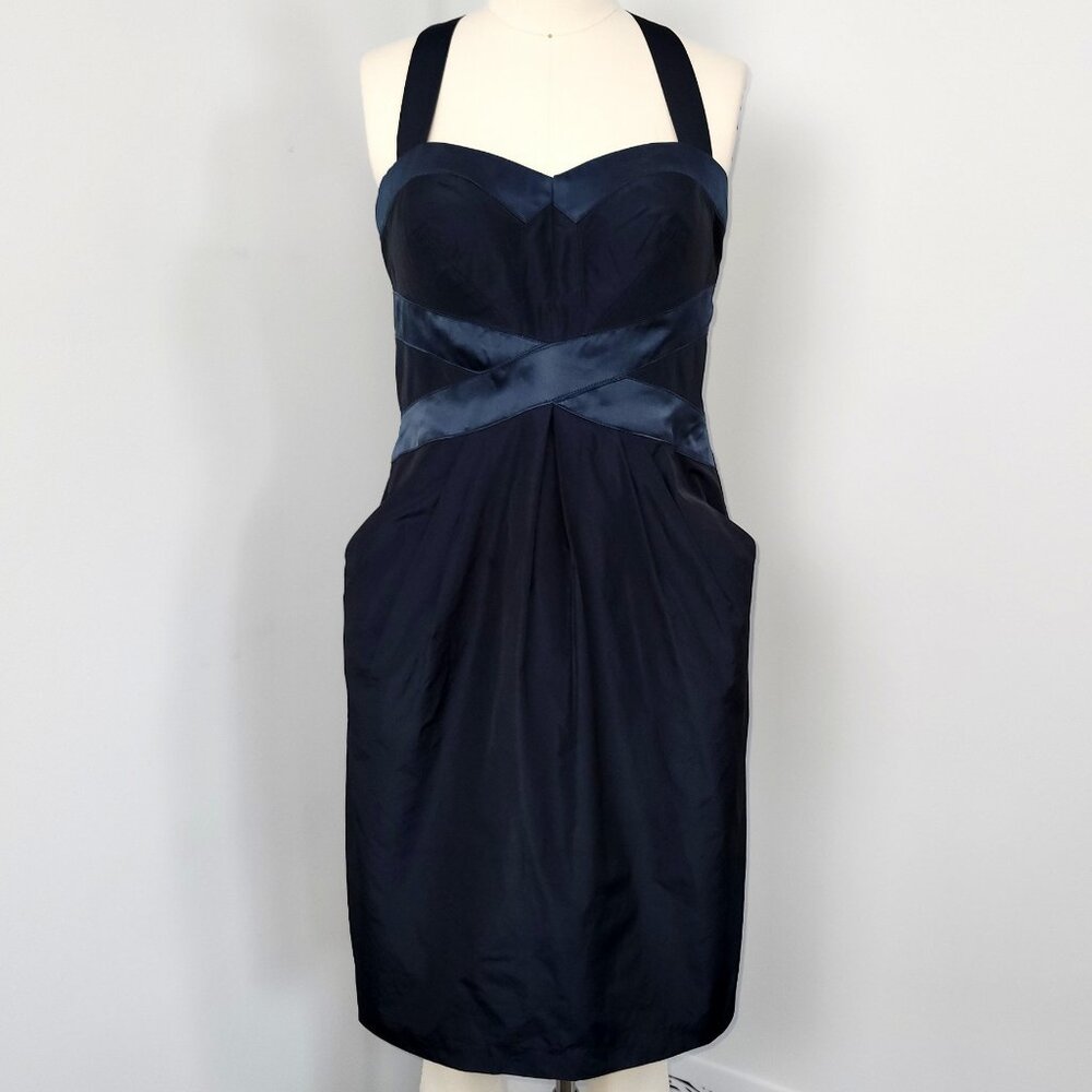 50s Inspired Suzi Chin Maggy Boutique Navy Silk Blend X Back Cocktail Dress